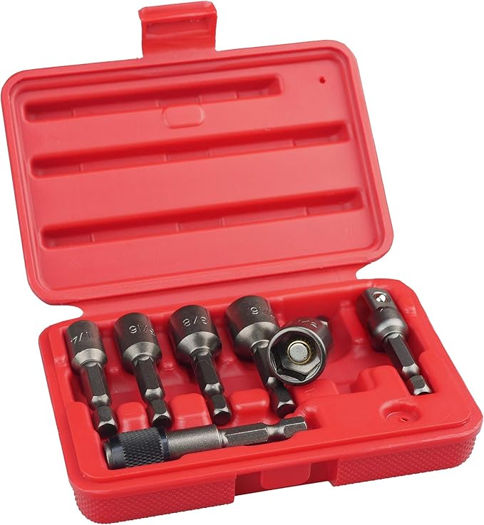 K453 Magnetic Power Nut Driver Bit Set with Socket Adapter and Extension, Quick-Change 1/4-Inch Hex Shank, SAE, 7-Piece