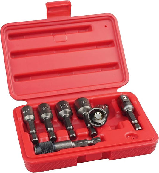 K453 Magnetic Power Nut Driver Bit Set with Socket Adapter and Extension, Quick-Change 1/4-Inch Hex Shank, SAE, 7-Piece