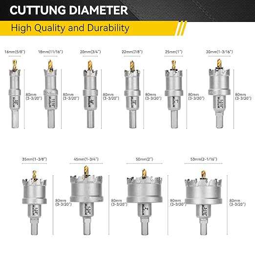 Mollom 10Pcs (16-53mm) TCT Carbide Hole Saw Kit for Hard Metal, 10Pcs Hole Cutters with 5Pcs Extra Pilot Drill bits and 3Pcs Hex Keys for Stainless Steel, Iron,Aluminum,Alloy,Metal.