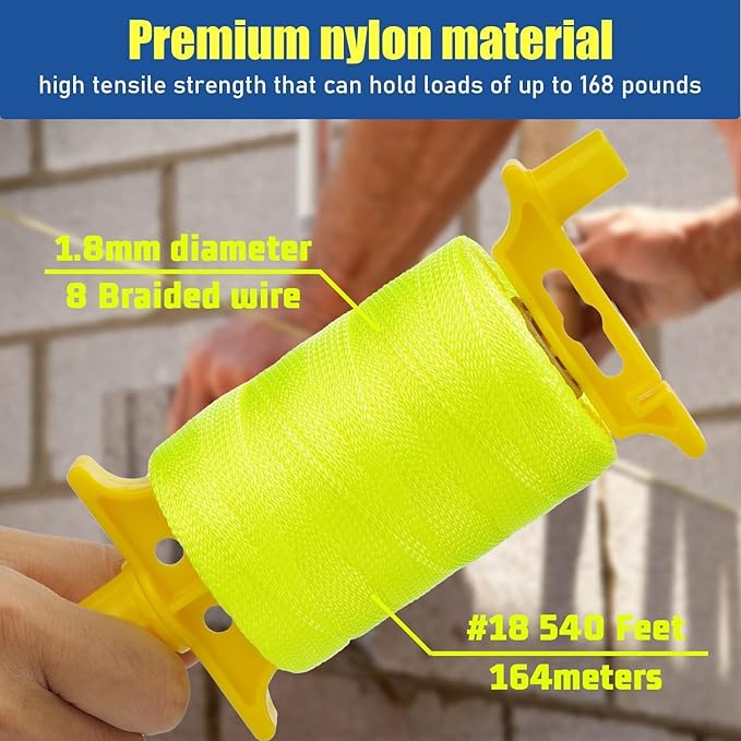 LURKA #18 Mason Line String with Post & Pipe Level & 5 Line Levels, 540 Feet Braided Nylon Twine, High-Visibility String Line for Construction, Gardening, DIY, and Outdoor Projects (Yellow)