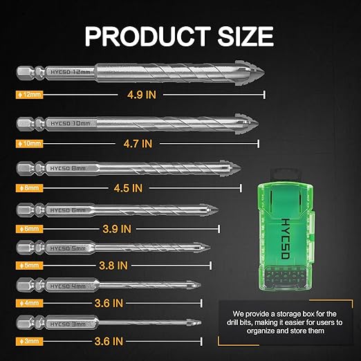 Four-Blade Serrated Eccentric Drill Bits Set - 7PCS Masonry Drill Bits for Wood, Concrete, Glass, Brick, Tile, Marble, and Ceramic