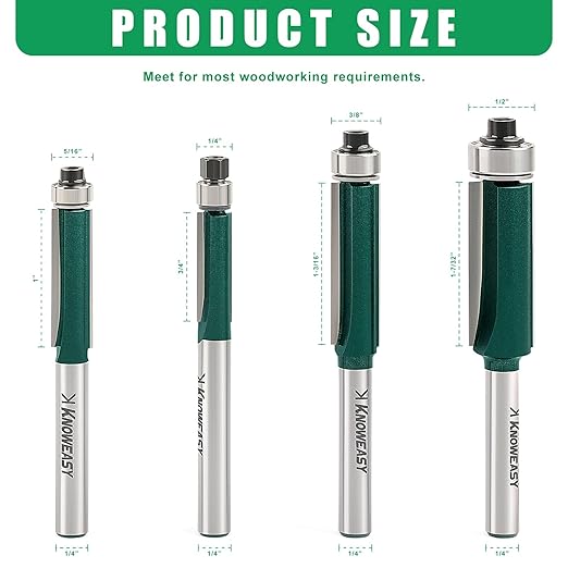 Knoweasy Professional Flush Trim Router Bit Set with 1/4 Inch Shank, 4PCS Top Bearing Router Bits for Woodworking, Includes 1/4, 5/16, 3/8 and 1/2 Inch Bearing Sizes