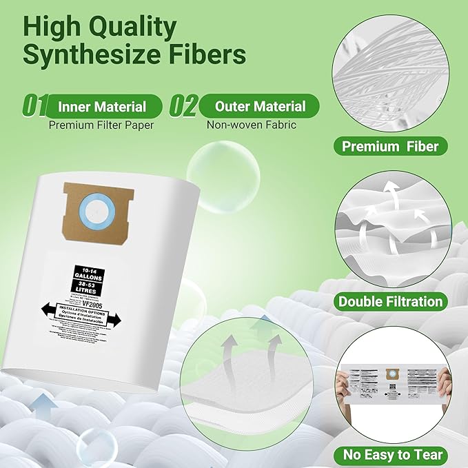 3 Pack Vacuum Bags Replacement for Shop Vac Bags 10-14 Gallon Type F 90662 9066200 9066233 and Type I 90672 9067200 9067233, PETOX High-Efficiency Disposable Vaccum Collection Filter Bags