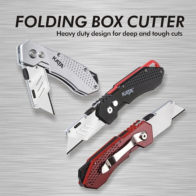 KATA 3-Pack Heavy Duty Box Cutter Folding Utility Knife With Zinc Alloy Body, Quick Change Blades, Lock-Back Design, Extra 12pc Blades For Cartons, Cardboard and Boxes