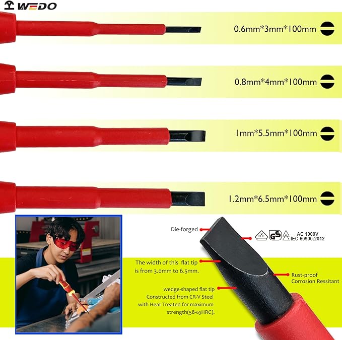 WEDO 12PCS Insulated Precision Screwdriver Set for Electrician,4PCS Slotted Screwdriver,2PCS Phillips Screwdriver,Pozidriv and Torx Screwdriver,Voltage tester,Chrome Vanadium Steel,VDE 1000V,IEC 60900
