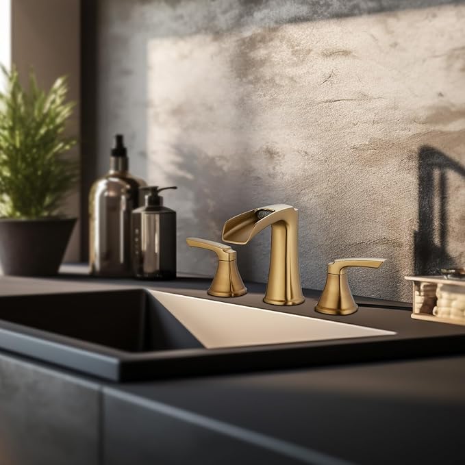 Brushed Gold Waterfall Bathroom Faucet, Sanliv 3-Piece Widespread Bathroom Sink Faucets, 2-Handle Vanity Faucet for 3-Hole Sinks 4-8 Inch with Pop-Up Drain, Brushed Gold