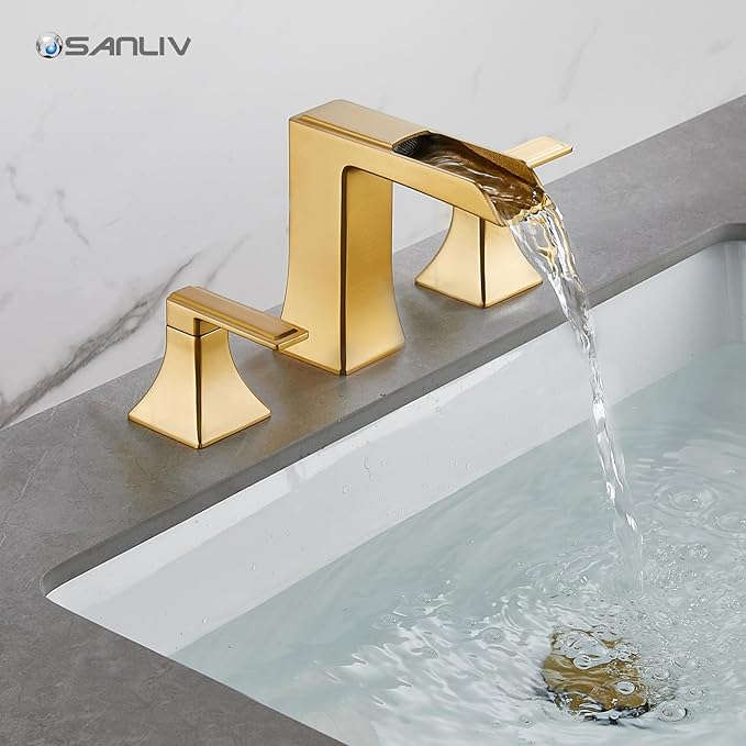 Brushed Gold Waterfall Bathroom Faucet, Sanliv 2-Handle Widespread Bathroom Faucet for 3-Hole Sinks 4-8 inch, Modern Vanity Faucets with Pop Up Drain, Champagne Bronze