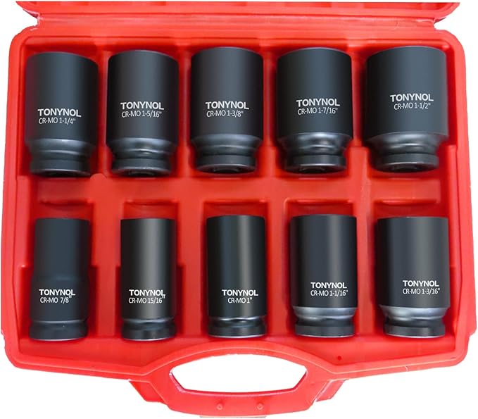 3/4 Inch Drive Deep Impact Socket Set,6-Point,Sae Size(7/8??to 1-1/2??,10 Pcs,Cr-Mo.Heavy Duty Impact Socket Set,With a Storage Case.