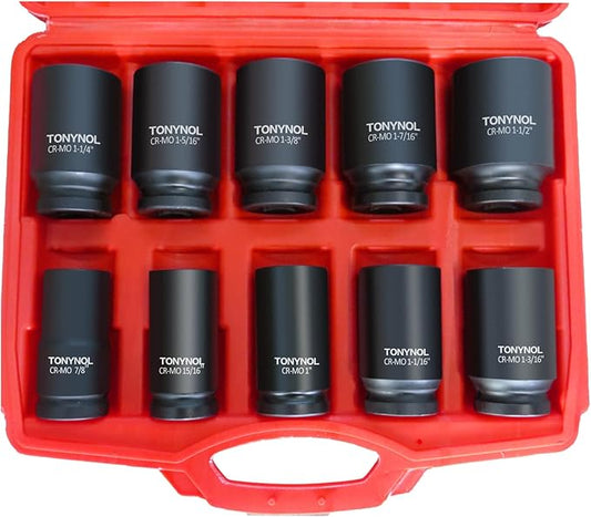 3/4 Inch Drive Deep Impact Socket Set,6-Point,Sae Size(7/8??to 1-1/2??,10 Pcs,Cr-Mo.Heavy Duty Impact Socket Set,With a Storage Case.