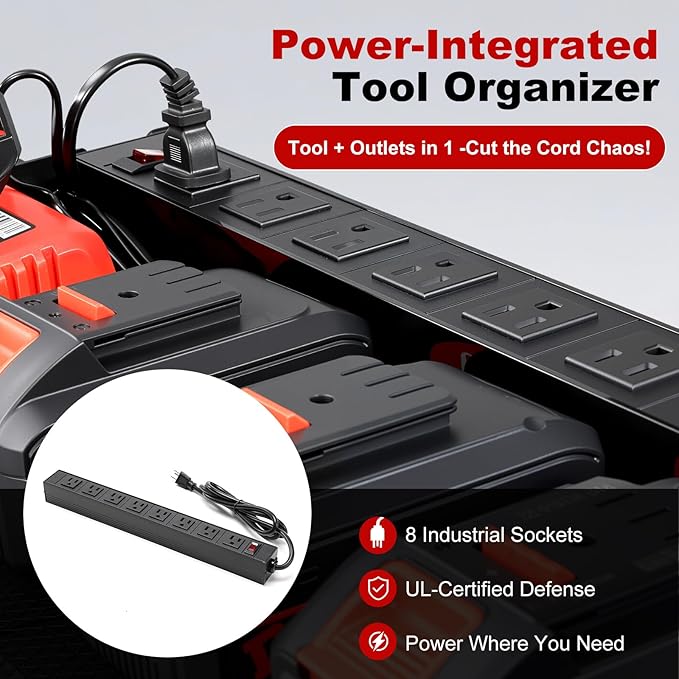 3 layers power tool organizer Loads 150lbs with 8 Cordless Drill Holder and 8 Outlet Power Strip,it’s good choice for husband birthday gift,black
