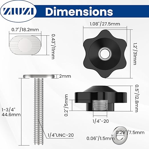 10 Sets of 1/4"-20 T Track Knob Kit, Star Knobs Kit Include 1/4-20 Threaded Bolt 1-3/4" Length with Washers, T Track Accessories for Woodworking Jigs and Fixtures