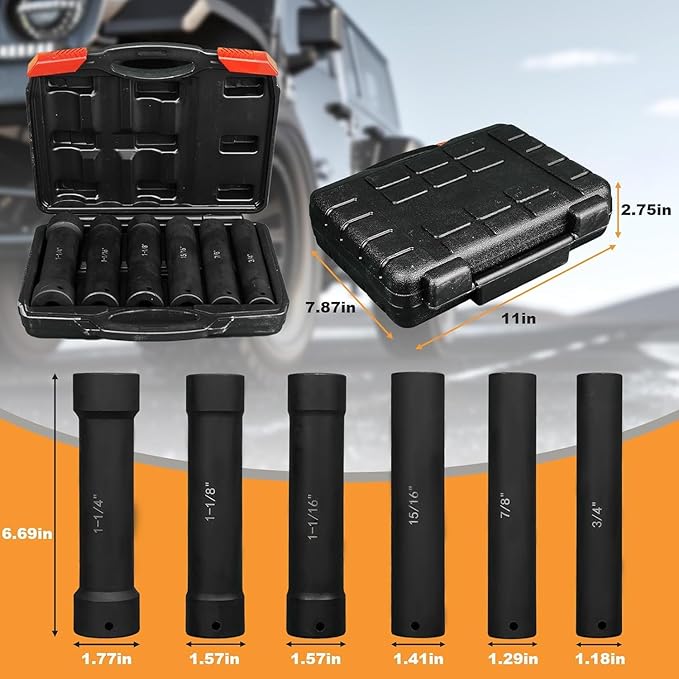1/2 Inch Drive Extended Length Impact Socket Set, 6 Piece Extra Deep Impact Socket Set, Hex Size 3/4", 7/8", 15/16", 1-1/16", 1-1/8", 1-1/4", for High Torque Use with Case