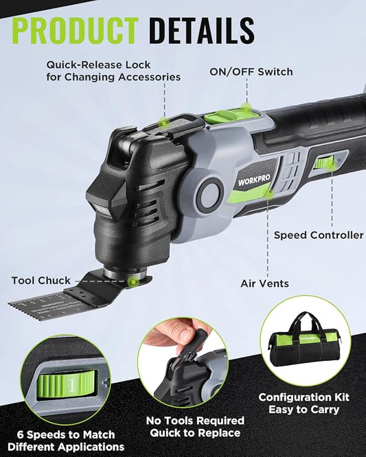 WORKPRO 20V Oscillating Tool Kit, Cordless and Brushless 19,000 RPM Orbiting Multi Tool with 6 Variable Speeds, 3.6째Oscillation Angle, 21pcs Saw Accessories, 1 Rechargeable Battery and Carrying Bag