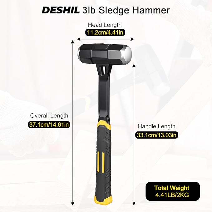 3lb Sledge Hammer - Heavy Duty Drilling Hammer with Forged One Piece Steel Head & Fiberglass Handle, Perfect for Demolition, Construction, and Blacksmithing