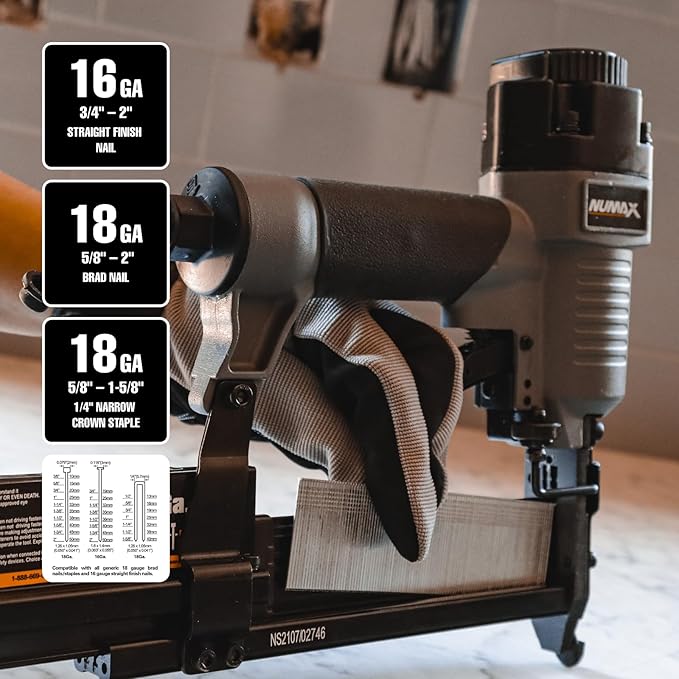 NuMax Pneumatic 3-in-1 Nail Gun | 16 GA & 18 GA Finish Nailer, Brad Nailer, Stapler | Multi-Purpose Air Tool for Trim, Moulding, Baseboards, Furniture, and Home Improvement Projects | SL31
