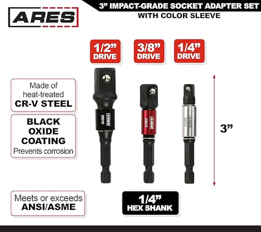 ARES 22011-3-Piece 3-Inch Impact Grade Socket Adapter Set with Color Sleeve - Turns Power Drill into High Speed Nut Driver - 1/4-Inch, 3/8-Inch, and 1/2-Inch Drive