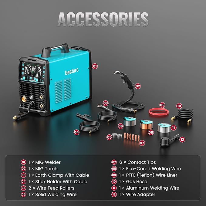 bestarc 215Amp MIG Welder, 110V 220V Gas MIG/Flux Core MIG/Stick/Lift TIG/Spool Gun/Spot Welding 7 IN 1 Aluminum Welding Machine, IGBT Multiprocess bestarc Welder with Synergy, Spool Gun Compatible