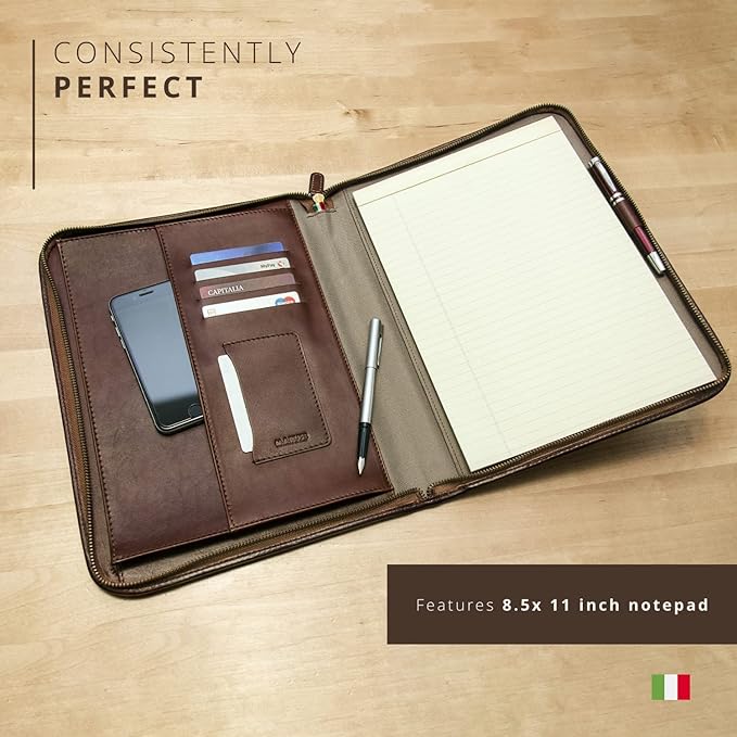Personalized Maruse Leather Portfolio Padfolio - Executive Folio for Men and Women with Zipper, Folio Document Organizer, Laptop Sleeve, iPad Case and Folder - Made in Italy, Monogram Brown
