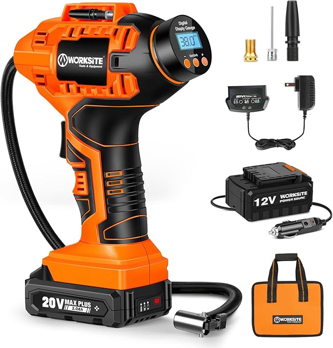 WORKSITE Cordless Tire Inflator Air Compressor,Portable Handheld Air Pump,Battery Powered Car Tire Pump with 12V Car Power Adapter Digital Pressure Gauge for Cars Motorcycles, Orange
