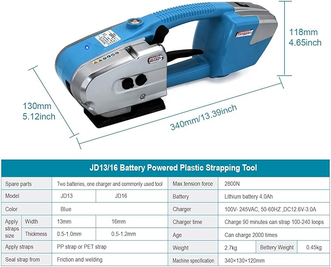 Electric Strapping Machine for 1/2-5/8 Inch Wide PP/PET Strap - Automatic Tool With 4000mAh Two Battery Hot Melting Box Pallet Packaging Baler Powered Banding Tools