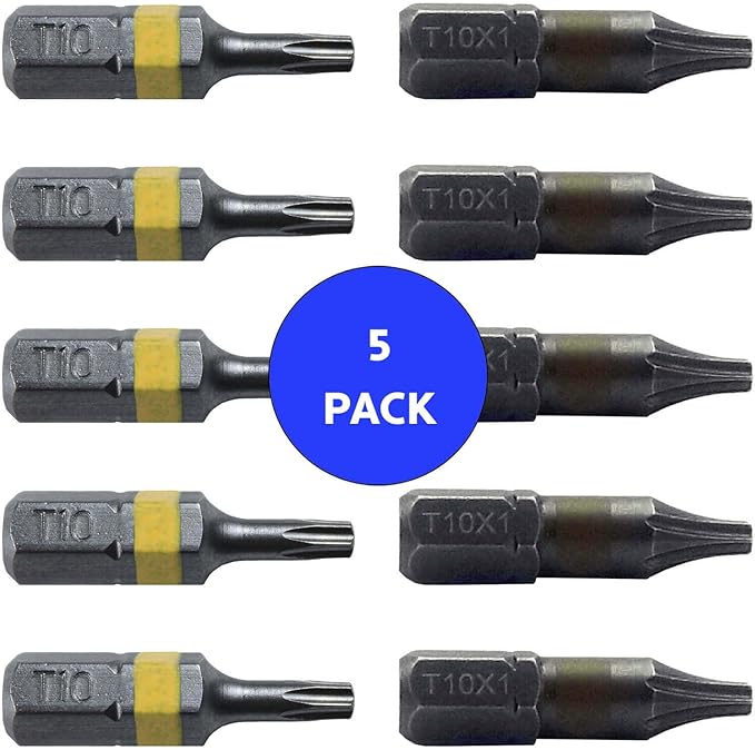 T10 x 1" Color-Coded Torx/Star Driver Bit - Precision Fit for T-10 Screws and Fasteners (5 Pack)