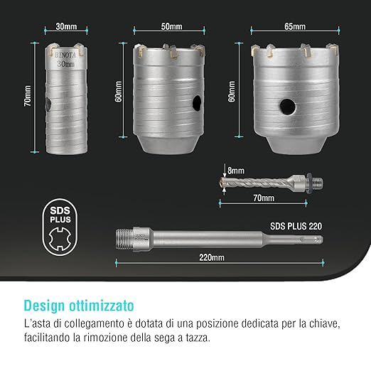 BINOTA Concrete Hole Saw Kit, Rotary Hammer Core Bit Hole Saw, with SDS Plus Shank, for Concrete Cement Brick Wall Stone Masonry, Core bit Set 30 50 65 mm