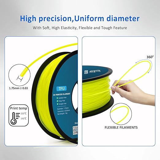 Geeetech TPU Filament 1.75mm, Shore 95A Flexible 3D Printer Filament with High Elasticity, 1KG (2.2lbs) Spool, Dimensional Accuracy 짹0.03mm, Fits Most FDM Printers (Yellow)