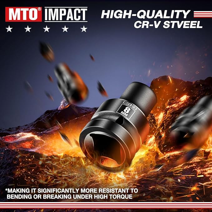 MTO 1/2" Drive 8mm Shallow Impact Socket, 6-Point Metric Socket for Automotive Maintaince, CR-V Steel Meets ANSI Standards