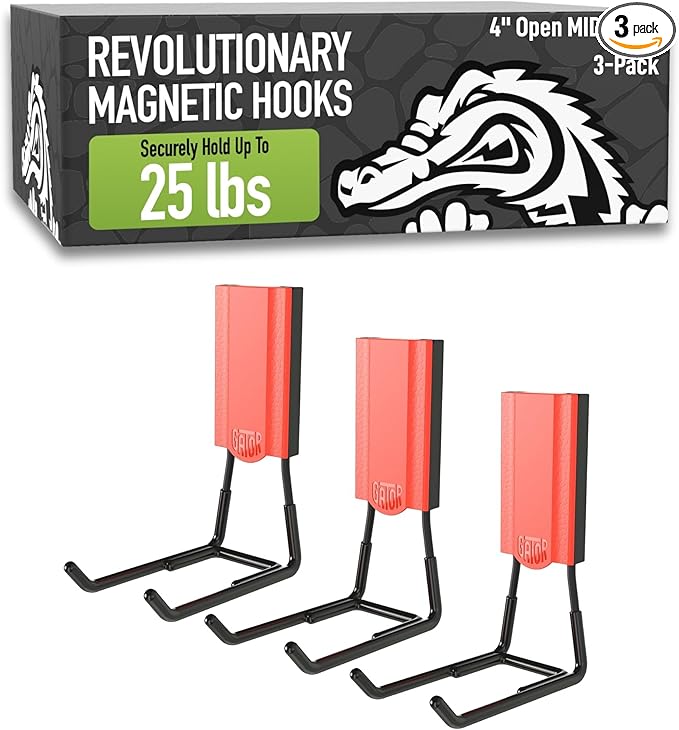 GATOR MAGNETICS MIDI 4 in Open Hooks, 25 lb Heavy Duty Magnetic Hooks for Steel Surfaces, Patented Easy-Release, Non-Slip Grip ??Storage & Organization, Garage, Shed, Home, Cleaning Tools - 3 Pack