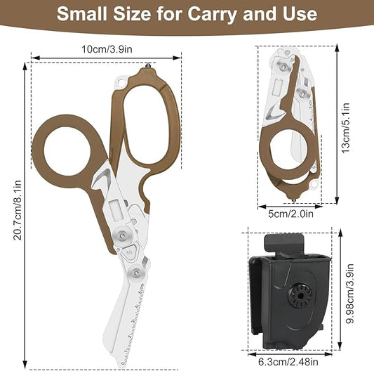 Heavy Duty 6-in-1 Emergency Trauma Shears with Carbide Glass Breaker & Ring Cutter Foldable Stainless Steel Multi-Purpose Scissors for First Responders, Hospital, Home, Camping, Travel Rescue (Tan)