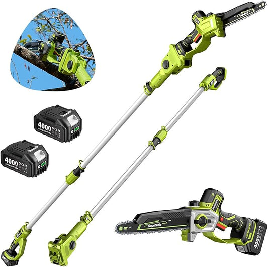 10 Inch Electric Pole Saws for Tree Trimming, 1000W Brushless Pole Saw and Mini Chainsaw 2 in 1, 2 * 4000mAh Battery, Lightweight Tree Saw with Extension Pole, 16Ft Max Reach, Gift for Men Women