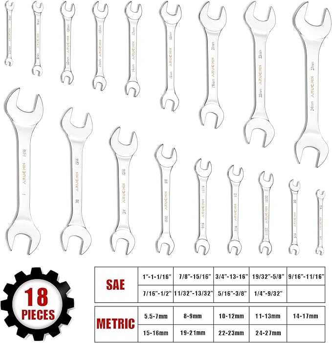 ARUCMIN Super-Thin Open End Wrench Set, 18-Piece SAE & Metric 1/4" to 1-1/16" and 5.5mm to 27mm Chrome Vanadium Steel Wrench Set with Rolling Pouch