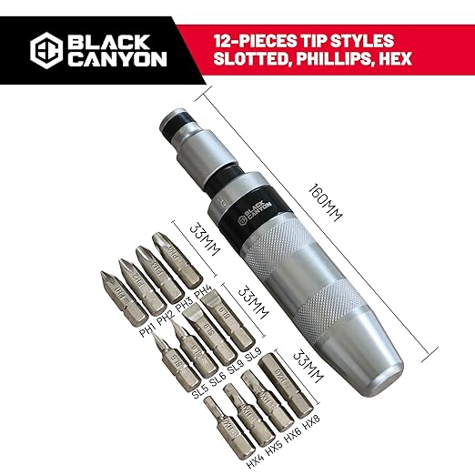 BLACK CANYON 1/2" S2 Hand Impact Screwdriver, 12-Pieces Tip Styles Slotted, Phillips, Hex, Manual Reversible Impact Driver, Disengage Rusted Fasteners or Frozen Bolts, Ideal Hand Tool for Men, Dad
