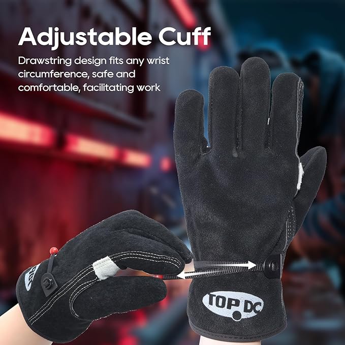 TOPDC Leather Work Gloves for Men or Women, Cowhide Leather Gloves for Gardening, Tig/Mig Welding, Chainsaw, Farm, Ranch, Reinforced Palm, Adjustable Cuff, Cotton Lining, Firm Grip & Durable, S