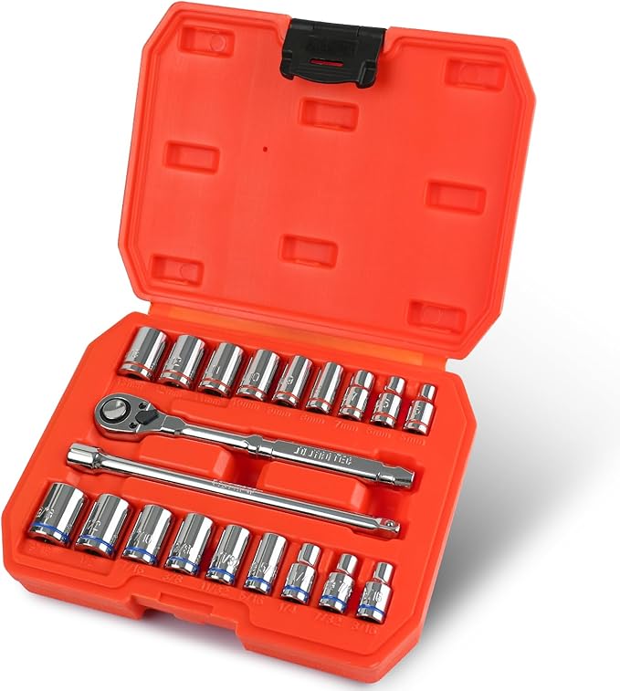20-Piece 1/4" Drive Shallow Socket Set, SAE/Metric (3/16"-9/16" & 5mm-13mm) with Ratchet & Extension Bar, Premium Chrome Vanadium Steel, 6-Point, with Molded Case