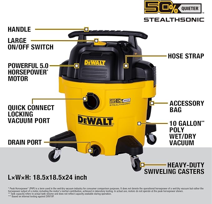 DEWALT 10 Gallon Stealthsonic Wet/Dry Vacuum, 5 Peak HP Ultra-Quiet Shop Vac with Full Accessory Kit & 6 Bonus Dust Bags, 1-7/8 in. x 7 ft. Hose for Job Sites, Workshops & Garages