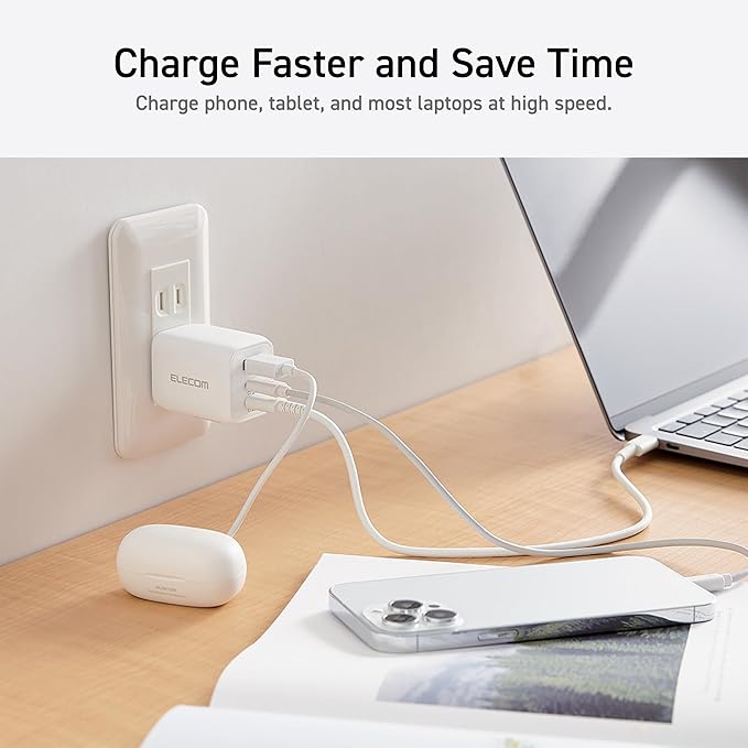ELECOM 65W USB C Wall Charger Block, 3 Multi Port GaN II Fast Charging, Light Compact Power Adapter for Multiple Devices, iPhone, Laptop, Tablet, iPad, Airpods, Watch, Speakers, Samsung (White)