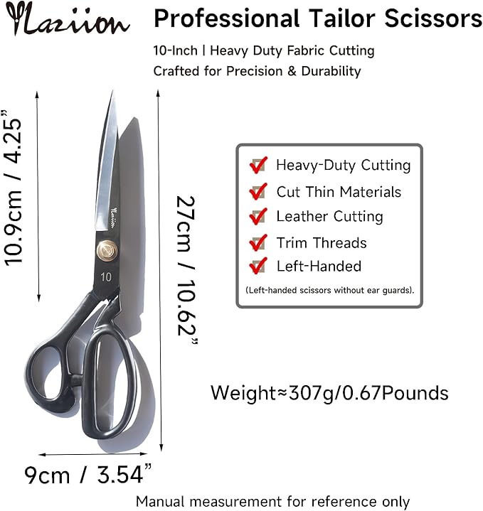 YLaziion Left-Handed 10-Inch Heavy-Duty Fabric Scissors, Classic Professional Tailor Shears ??Manganese Steel Fabric Shears with Adjustable Brass Screw for Sewing & Dressmaking, 0.67LB