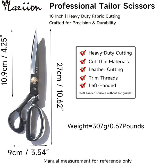 YLaziion Left-Handed 10-Inch Heavy-Duty Fabric Scissors, Classic Professional Tailor Shears ??Manganese Steel Fabric Shears with Adjustable Brass Screw for Sewing & Dressmaking, 0.67LB