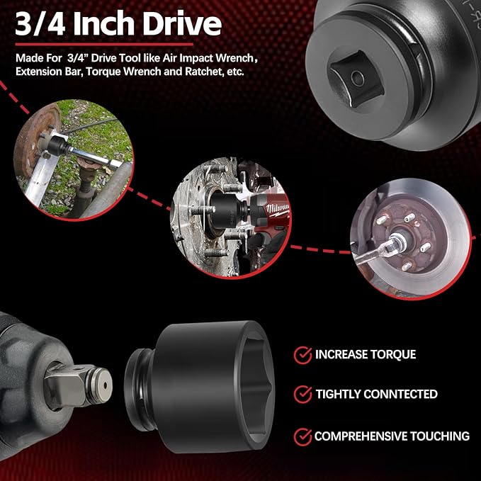 3/4'' Drive Spindle Axle Nut Impact Socket Set, 8 Pack Large Impact Socket Set, Axle Nut Socket Set, 6 Point SAE Size 2-1/16" to 2-1/2", For Wheel Hub Axle Nut Removal and Installation
