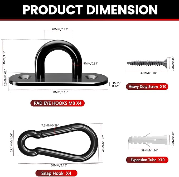 sprookber 304 Stainless Steel Pad Eye Snap Hooks, M8 Heavy Duty Ceiling Hooks, 1200 lb Capacity Hammock Swing Hanging kit, Plant Hangers, Marine Hardware Staple Hook Loop with Screws, Set of 8(Black)