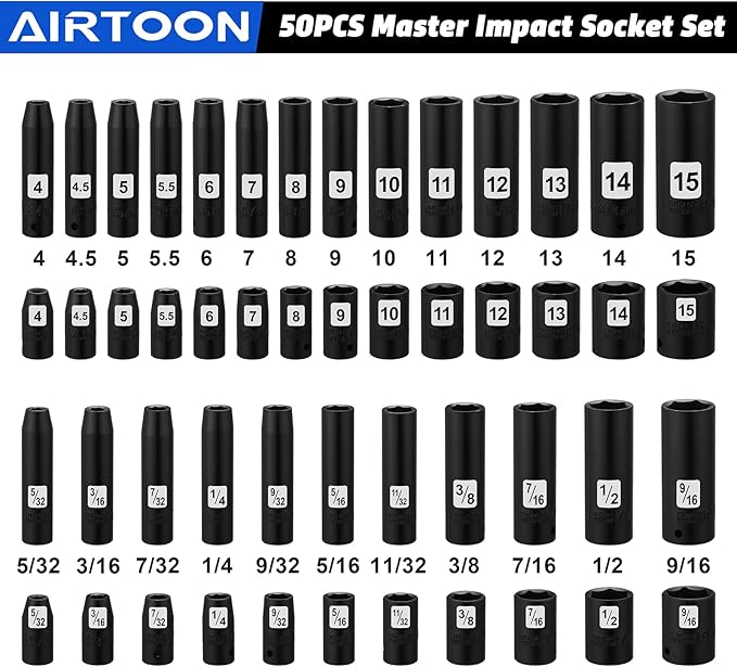AIRTOON 1/4" Drive Impact Socket Set, 50-Piece, SAE (5/32 to 9/16 inch) and Metric (4-15mm) Size, Deep/Shallow, 6 Point, CR-V, Master Impact Socket for Household, Automotive Repair