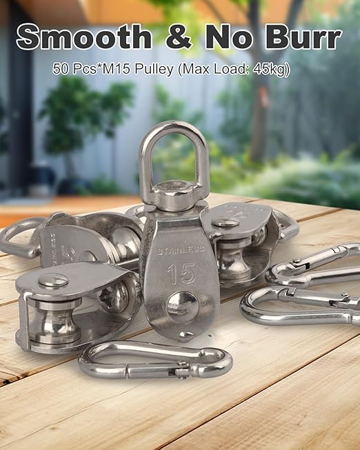 Rocaris 25 Pack M15 Lifting Single Pulley Block 304 Stainless Steel Crane Swivel Hook Double Pulley Roller Loading