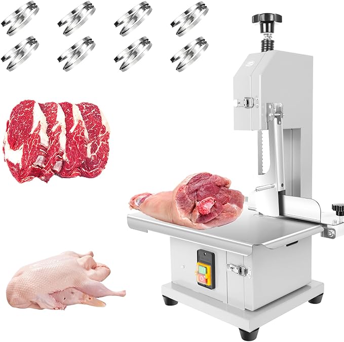 1000W Commercial Electric Meat Bandsaw, 18x14" Stainless Steel Worktable, Cuts 0.04-3.9" Thickness, Frozen Meat Cutter with 8 Blades Included, Electric Bone Saw Machine for Rib Pork Beef