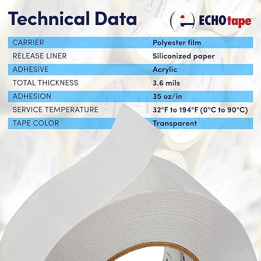 ECHOtape DC-M158A | Double-sided Tape | Double-sided Tape for Lightweight Mounting, Bonding | Thin Double-sided Tape | Clear Double-sided Tape | Indoor/Outdoor Double-sided Tape | 1.89 in x 54.6 yds