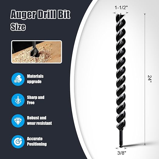 1-1/2" x 24" Auger Drill Bit for Wood, Hex Shank Tri Flute Ship Auger Long Drill Bit for Soft and Hard Wood,Tree Stump,Plastic,Drywall and Composite Materials