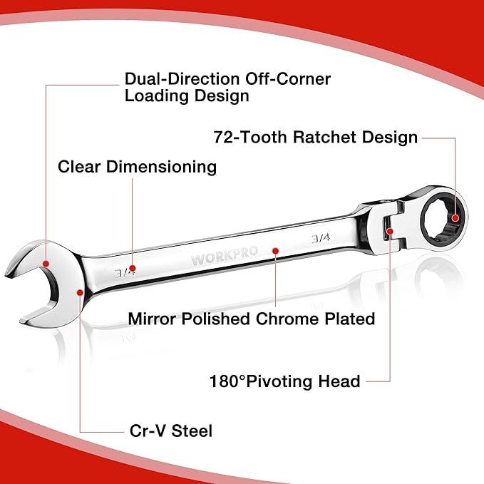 WORKPRO 8-piece Flex-Head Ratcheting Combination Wrench Set, SAE 5/16-3/4 in, 72-Teeth, Cr-V Constructed, Mirror Polished Chrome Plated with Roll Up Pouch