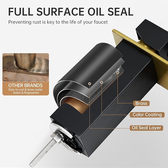 FRANSITON Waterfall Bathroom Faucet Lavatory Single Handle 1 or 3 Hole Bathroom Sink Faucet Washbasin Faucet with Deck and Pop-up Drain (Black & Gold, Short)