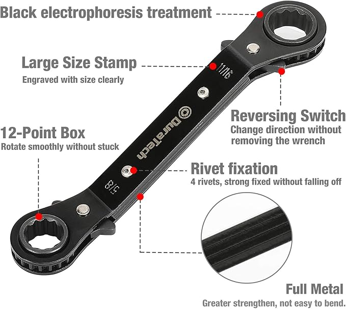 DURATECH 5 Pc Double Offset Box End Reversible Ratcheting Wrench Set, SAE, Heavy-duty, Matte Chrome Plated, Ratchet Spanner Crooked for Narrow Spaces (1/4-7/8 inch)