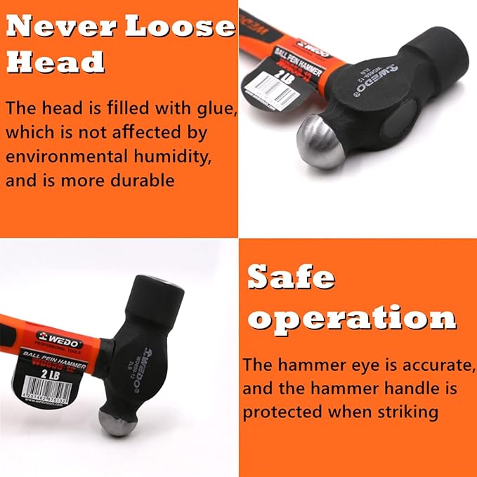 WEDO Ball Peen Hammer Set,with Fiberglass Handle,3 Piece,1lb,1.5lb,2lb,Ball Pein Hammer kit, High Carbon Steel,Shock Resistant, Non-Slip Handle, Die-forged